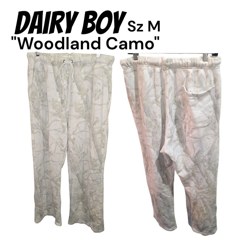 Dairy Boy Sz M Off White All Over Woodland Camo Oversized w/ Pockets Sweatpants